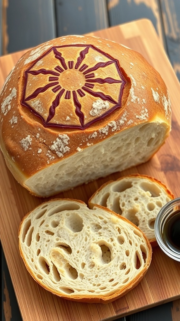 A freshly baked sourdough bread loaf with a crispy crust and soft interior, displayed on a wooden board.